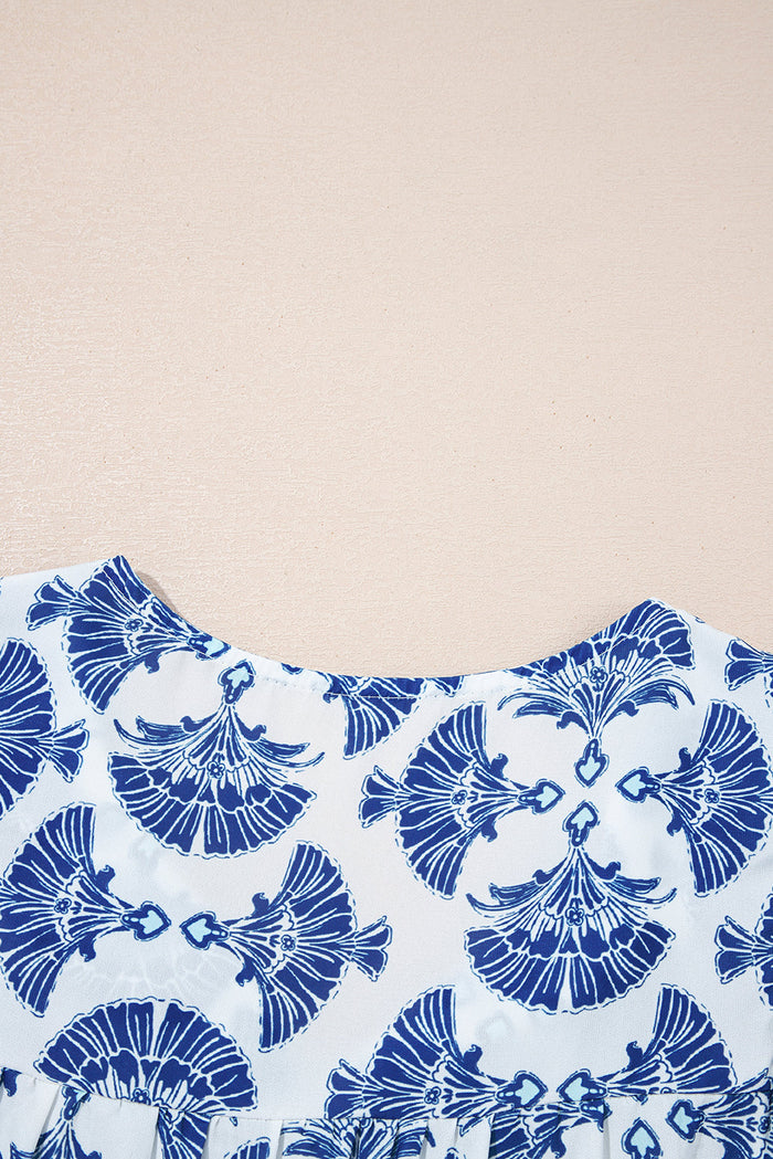 Blue Geometric Print Tassel Drawstring V-Neck Blouse - Tops/Blouses & Shirts