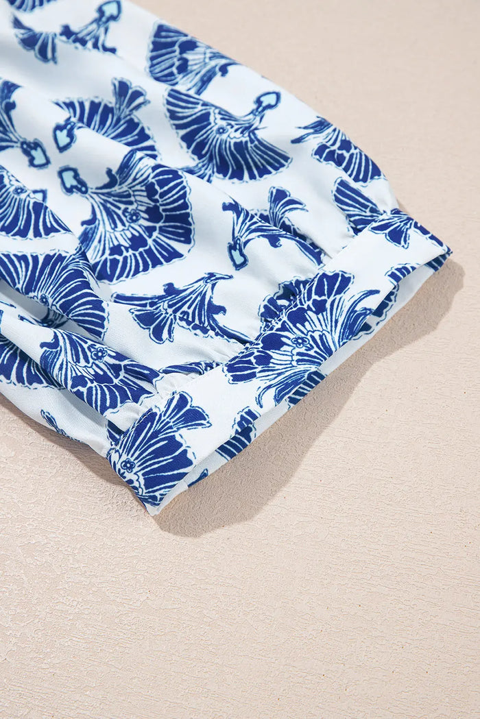 Blue Geometric Print Tassel Drawstring V-Neck Blouse - Tops/Blouses & Shirts