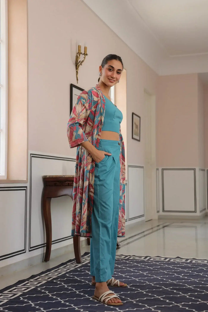 Blushing Blooms Pink And Aqua Blue Cotton Three Piece Co-ord set