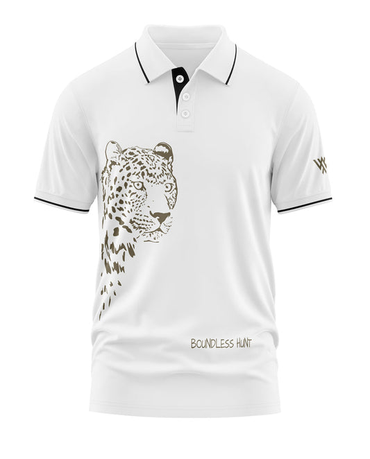 White men's polo t-shirt with leopard graphic, black trim, and 'Boundless Hunt' text