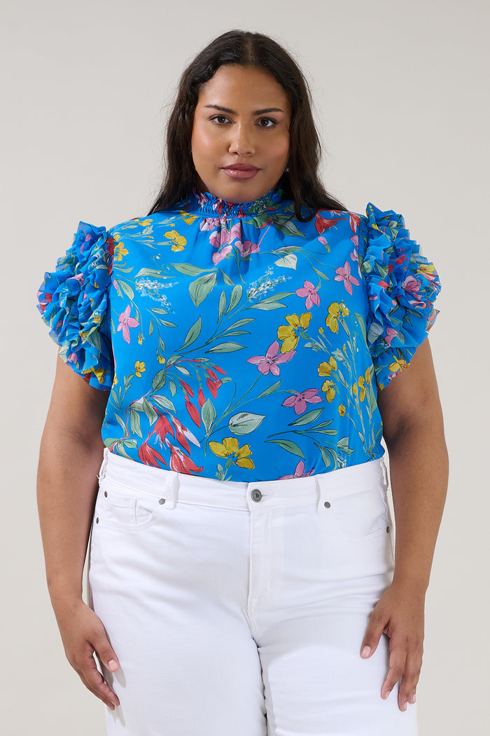 Brenna Mock Neck Ruffle Blouse Fiona Floral Curve