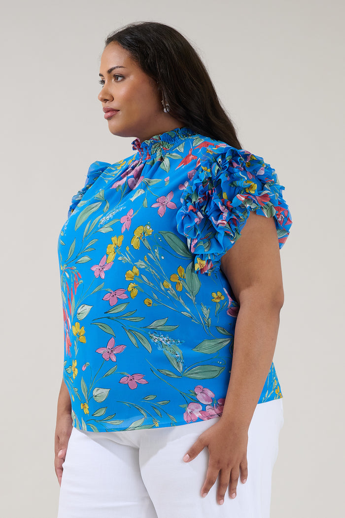 Brenna Mock Neck Ruffle Blouse Fiona Floral Curve