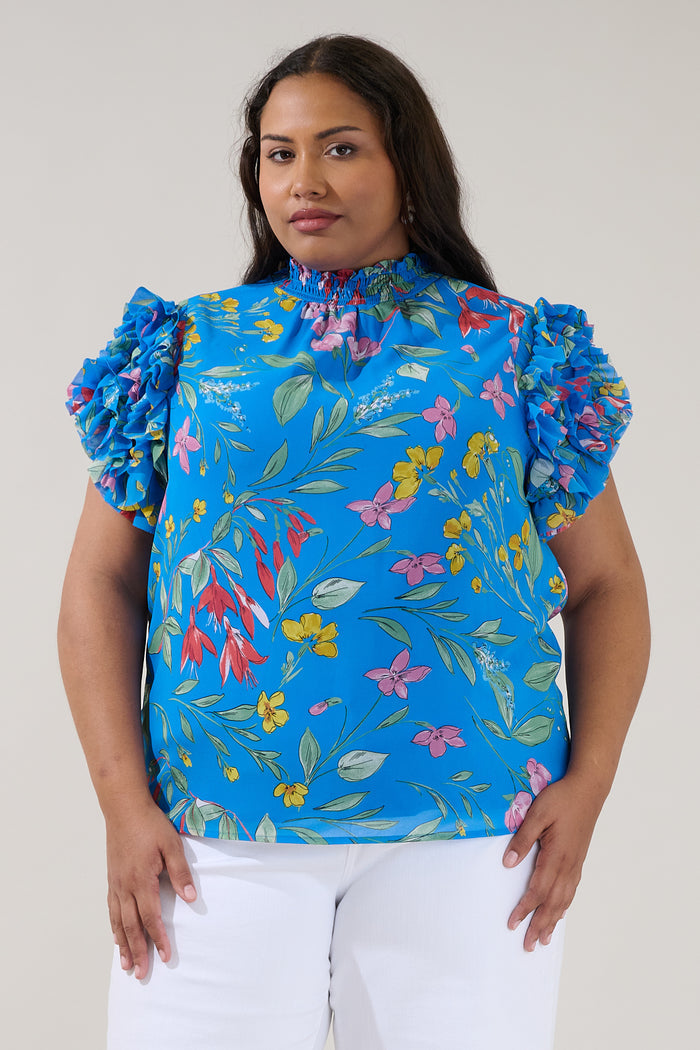 Brenna Mock Neck Ruffle Blouse Fiona Floral Curve
