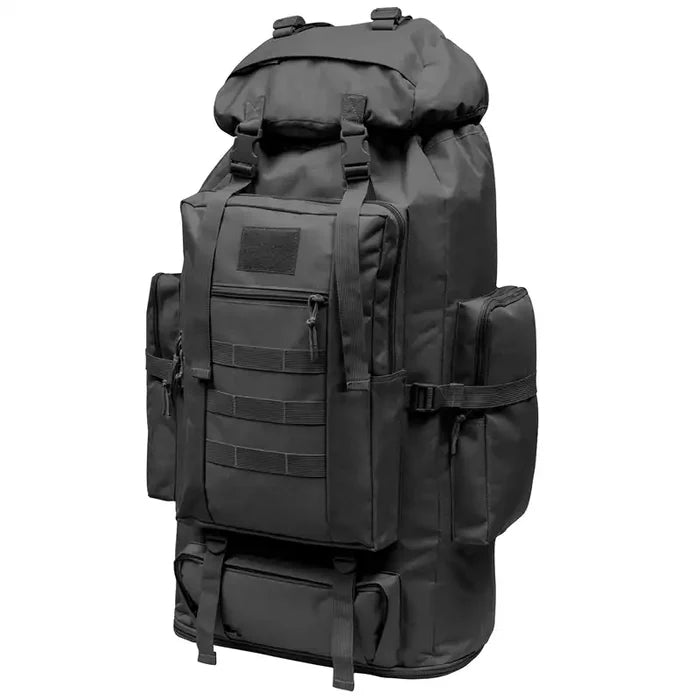 A large black tactical backpack with multiple compartments, side pockets, compression straps, and MOLLE webbing