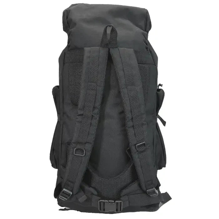 A black tactical backpack shown from the back, featuring padded shoulder straps, mesh ventilation panels, and plastic buckle closures
