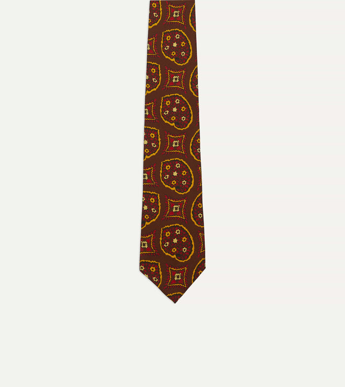 Brown Exploded Paisley Print Silk Self Tipped Tie