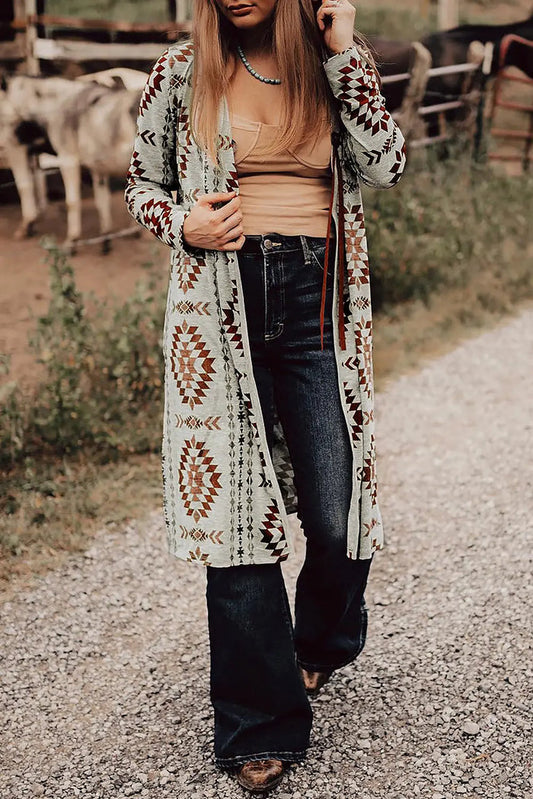 Shop Brown Western Aztec Printed Open Front Long Cardigan at eAura