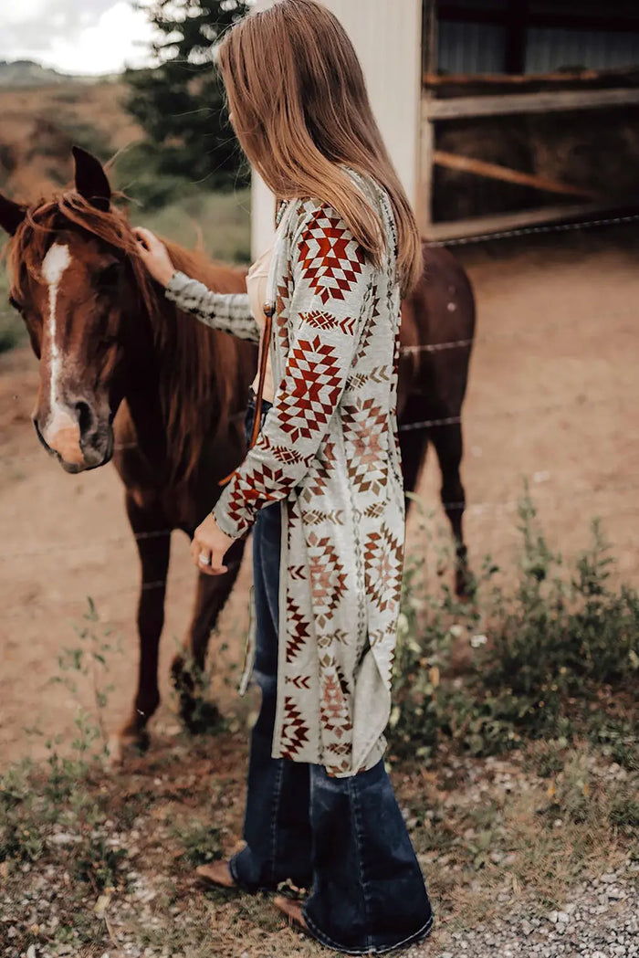Shop Brown Western Aztec Printed Open Front Long Cardigan at eAura