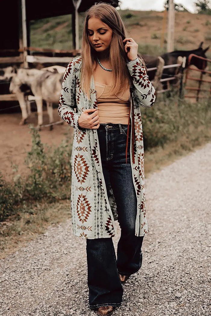 Shop Brown Western Aztec Printed Open Front Long Cardigan at eAura