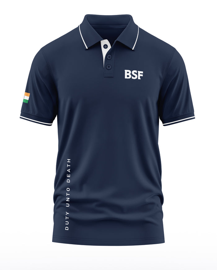 Navy blue men's polo T-shirt with BSF logo, India flag patch on sleeve, and 'Duty Unto Death' text.