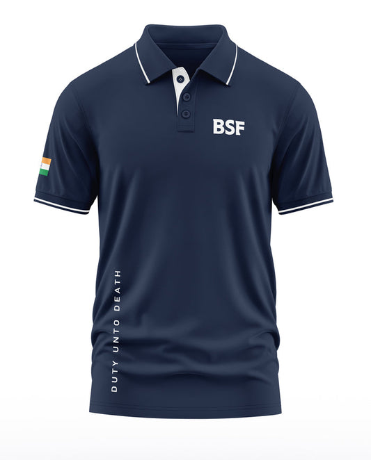 Navy blue men's polo T-shirt with BSF logo, India flag patch on sleeve, and 'Duty Unto Death' text.