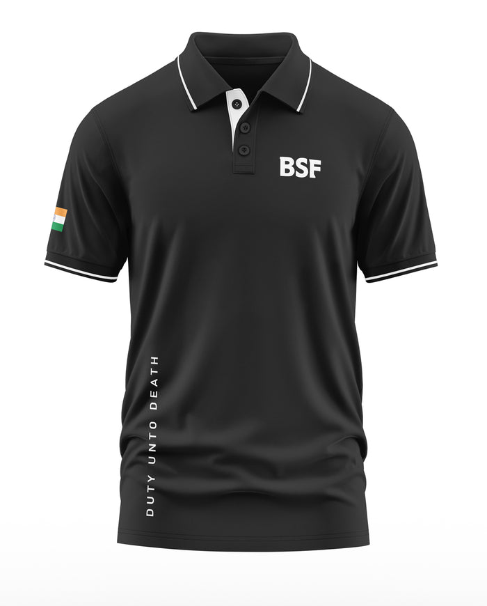 Black men's polo t-shirt with BSF logo, Indian flag sleeve patch, and 'Duty Unto Death' text.