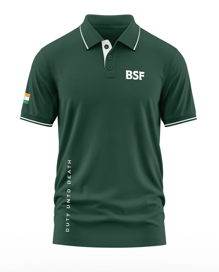 Green BSF men's polo t-shirt with Indian flag patch and 'Duty Unto Death' text.