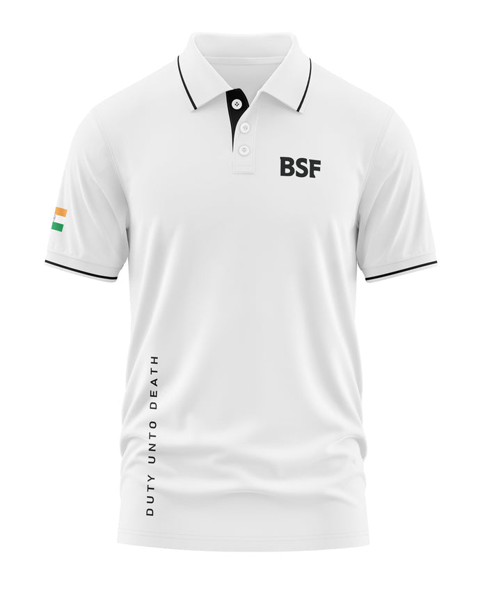 White men's polo t-shirt with BSF print, Indian flag on sleeve, and 'Duty Unto Death' slogan.