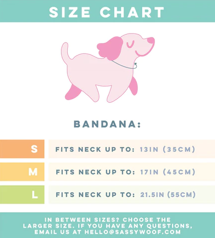 The Sassy Woof Bundle - BFF Valentine's Sweatshirt & Bandana (RED) includes a cute pink cartoon dog size chart: Small fits necks up to 13in (35cm), Medium 17in (45cm), Large 21.5in (55cm). Size up if between. Pair with the matching crewneck sweatshirt!.