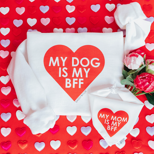 The Sassy Woof Bundle - BFF Valentine's Sweatshirt & Bandana (RED) features a matching "MY DOG IS MY BFF" crewneck and "MY MOM IS MY BFF" dog bandana on a red, heart-patterned background—perfect for you and your pup.