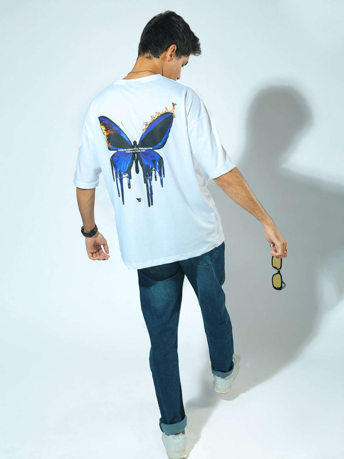 Burning Butterfly white graphic tee male model full body front view Pakistan – GROOVY