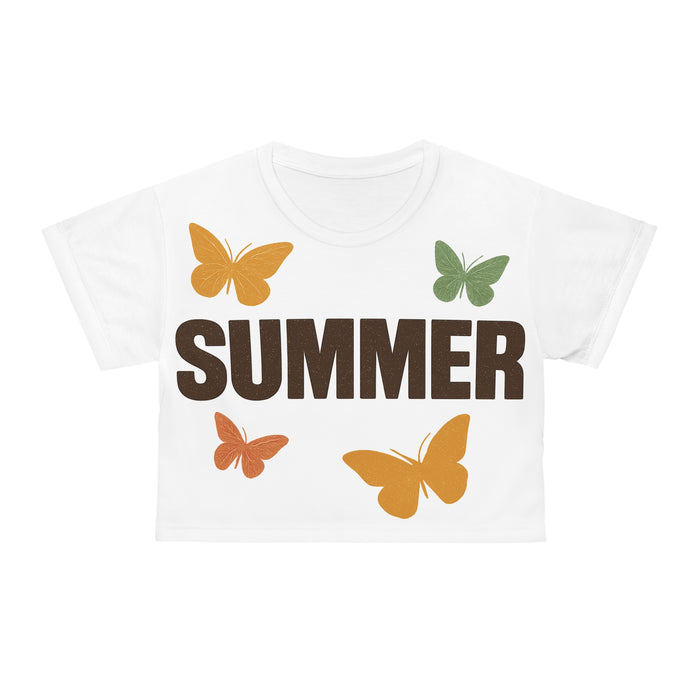 White t-shirt with 'SUMMER' text and butterfly graphics on a white background