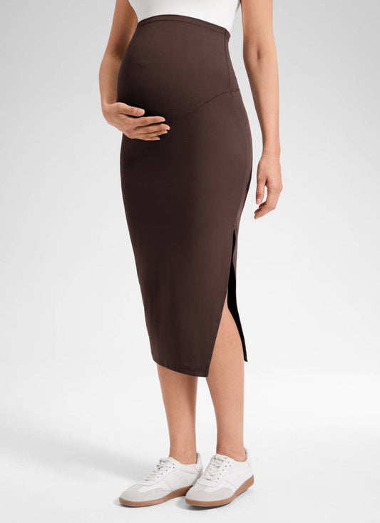 CRZ YOGA Women's Butterluxe Maternity Super High Rise Midi Slit Skirt Hot Fudge Brown
