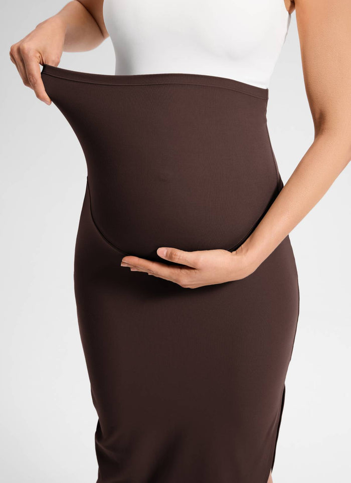 CRZ YOGA Women's Butterluxe Maternity Super High Rise Midi Slit Skirt Hot Fudge Brown