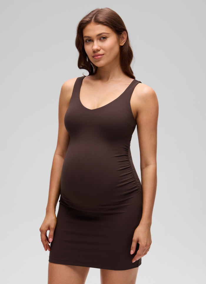 CRZ YOGA Women's Butterluxe Maternity V Neck Built in Bra Tennis Dress Hot Fudge Brown