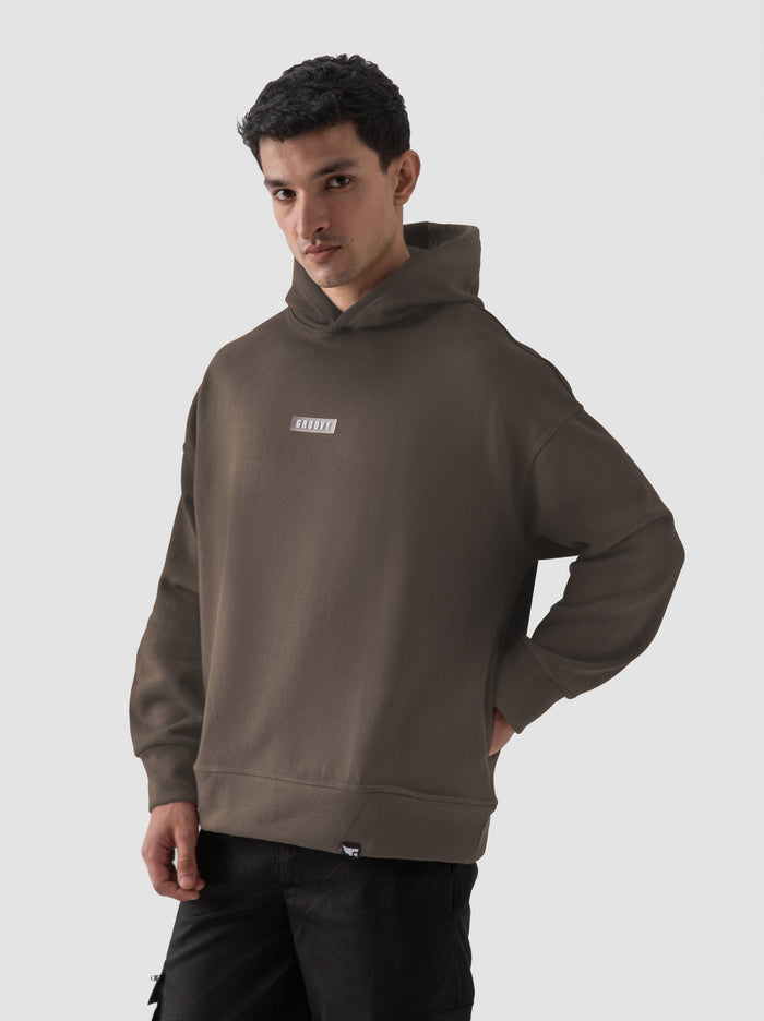Camel brown hoodie male model back view oversized 450 GSM cotton Pakistan – GROOVY