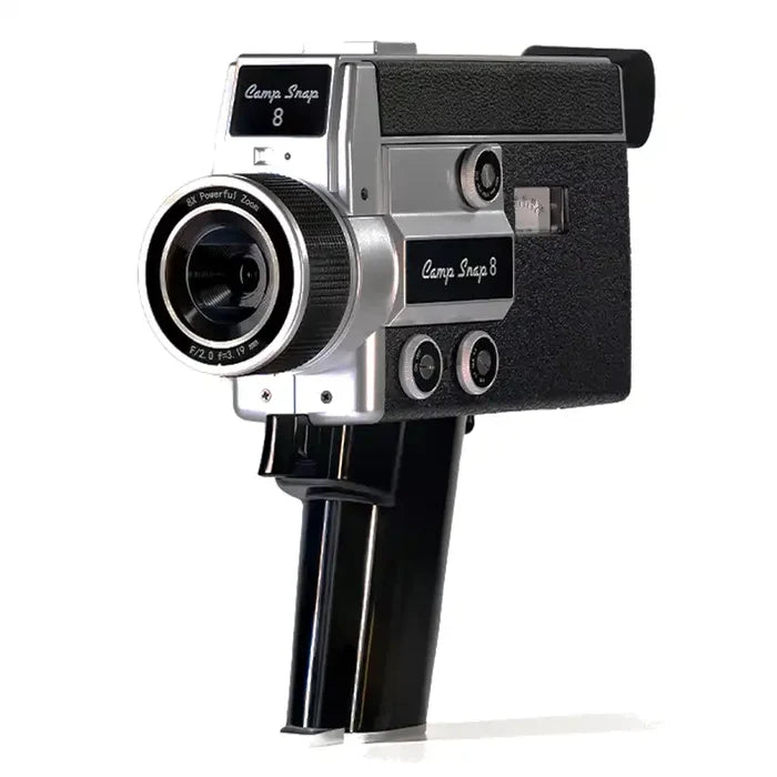Vintage-style camera with 'Camp Snap 8' branding
