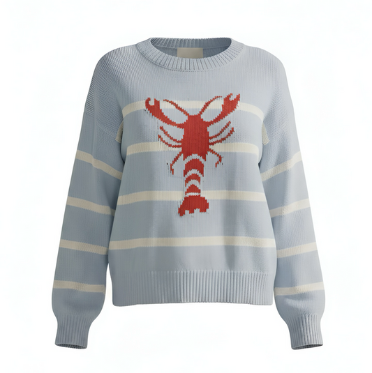Light blue sweater with a red lobster design on a white background