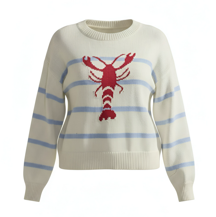 Beige sweater with a red lobster design on a white background