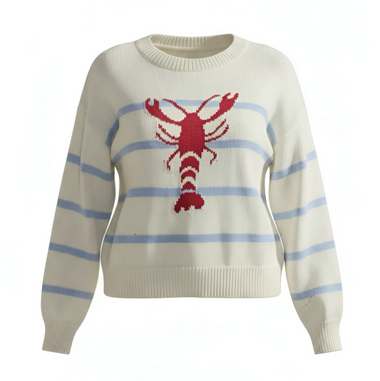 Beige sweater with a red lobster design on a white background