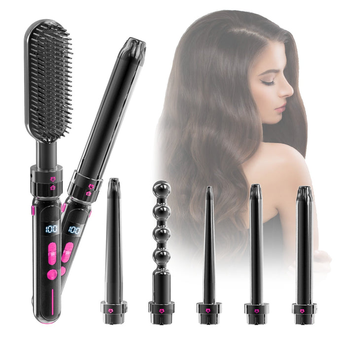 Black 2-in-1 curling and straightening tool with a ceramic thermal conductor and PTC heating system for everyday hair styling