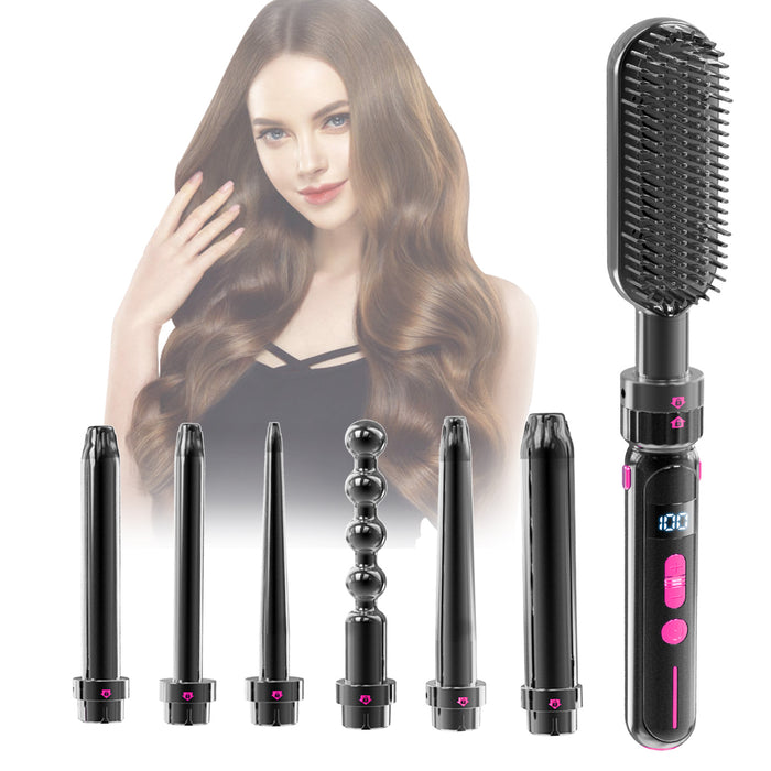 Product view of the black curling wand with an adjustable thermostat, ceramic heating system, and an anti-scald safety design