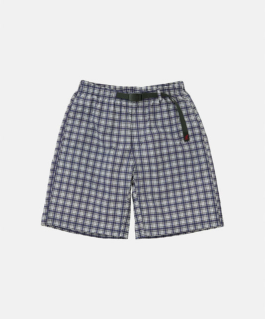 Navy check colored Gramicci Checkered Shell Shorts with a black belt against a light-tone background.