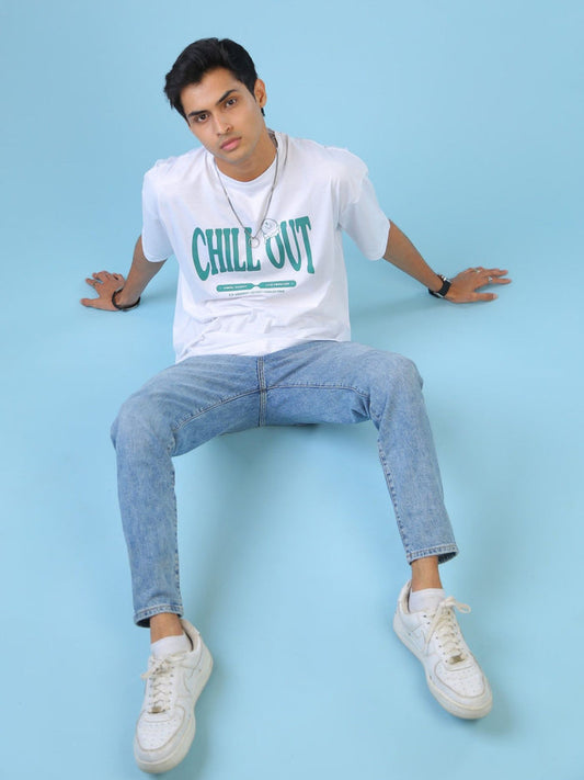 White Graphic T-Shirt Front View – Chill Out – GROOVY Pakistan