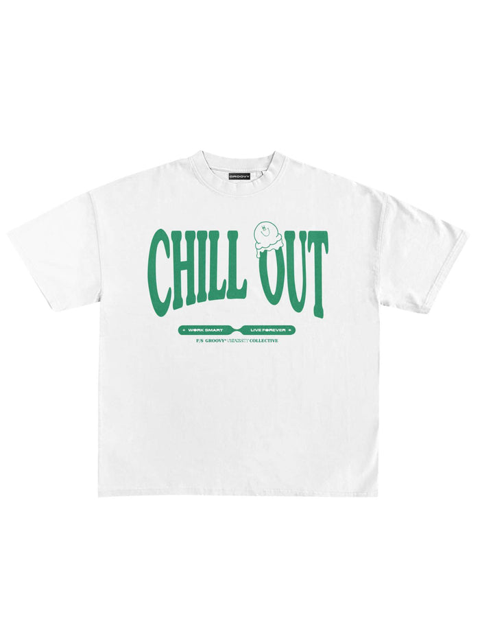 White Graphic Tee Flat Lay – Chill Out – GROOVY Pakistan