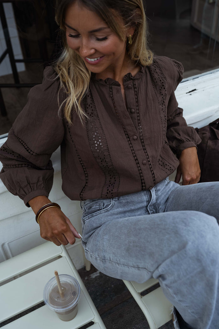 Chocolate Grain blouse with broderie anglaise panels, front view