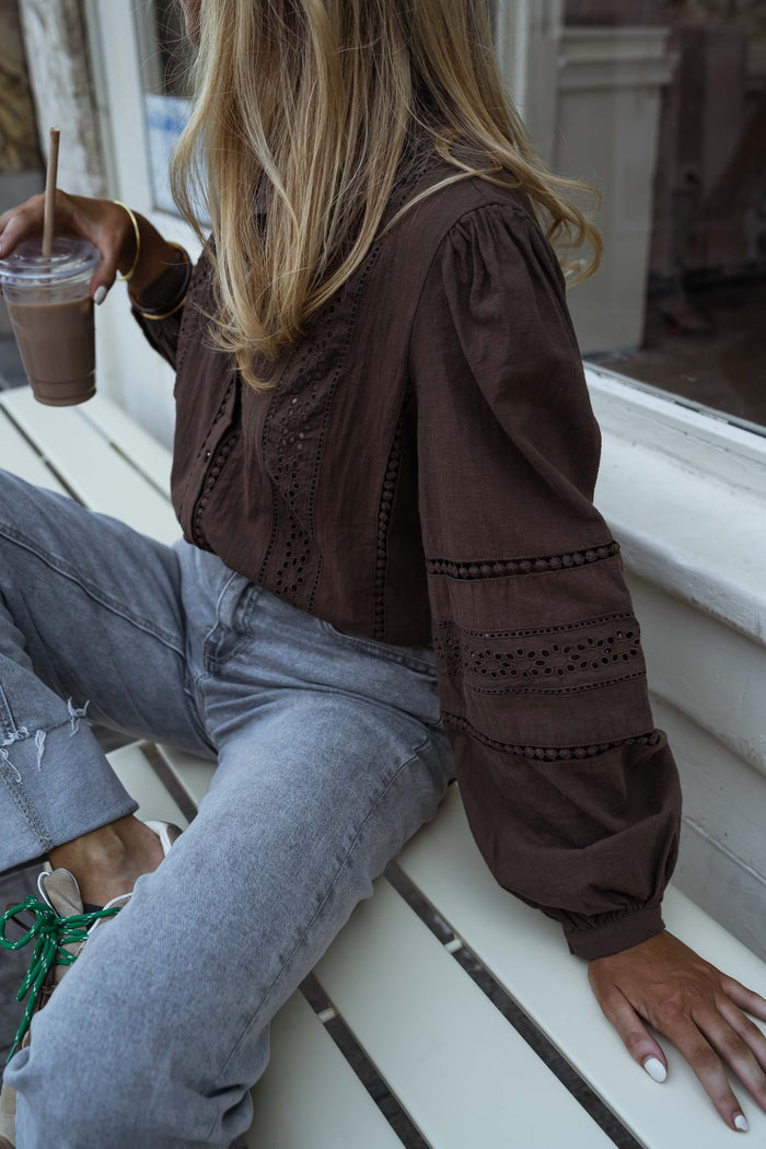 Chocolate Grain blouse broderie anglaise panel detail