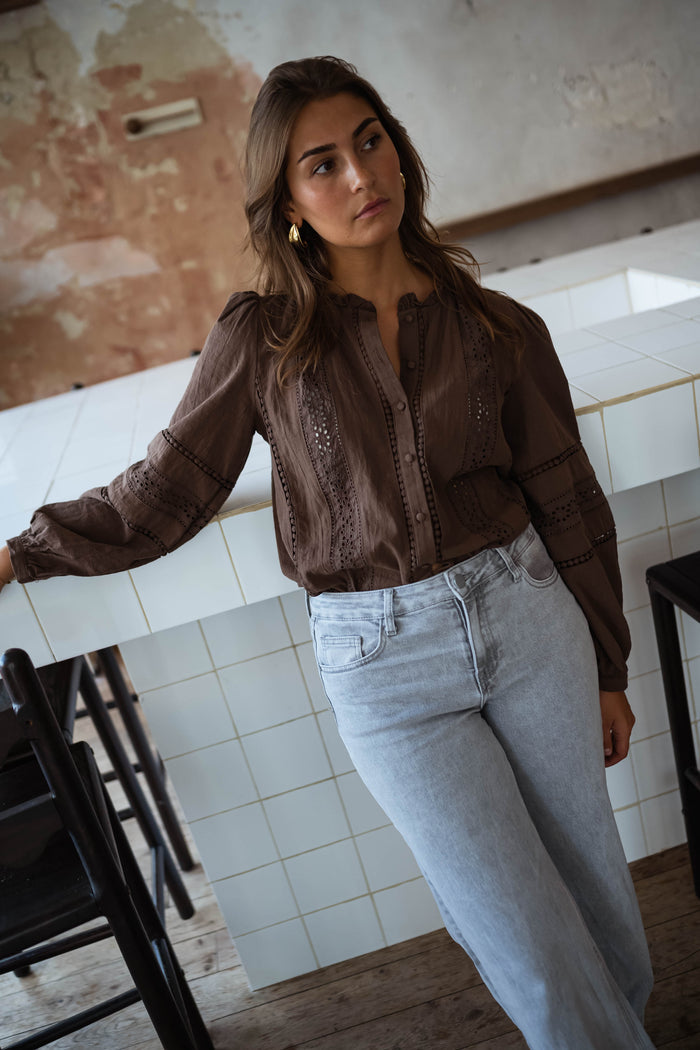 Chocolate blouse puffed long sleeve, three quarter view