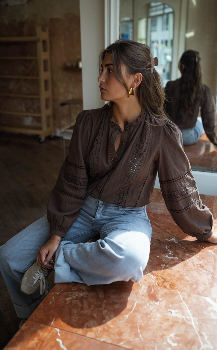 Chocolate openwork blouse elasticated cuff detail