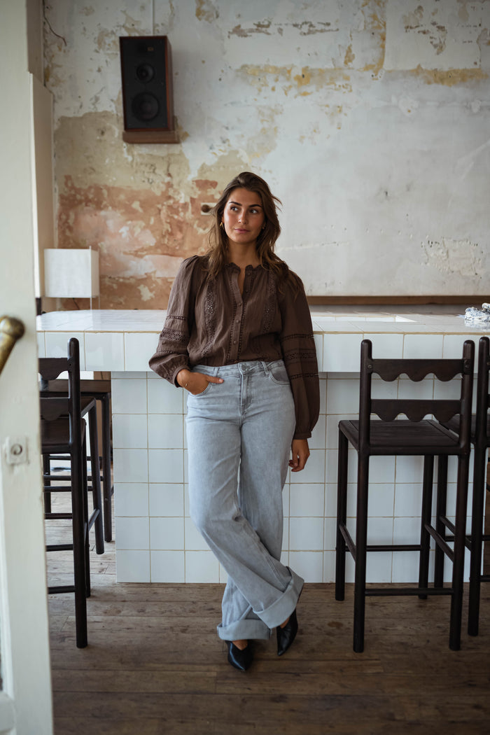 Chocolate brown broderie anglaise blouse, side view