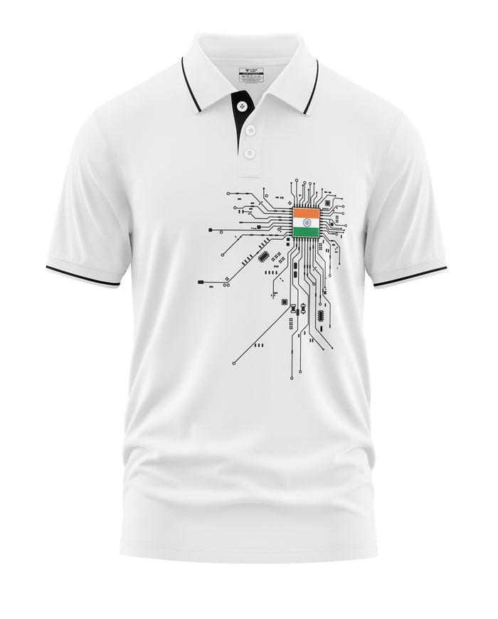 White men's polo t-shirt with black circuit board design and Indian flag print on chest