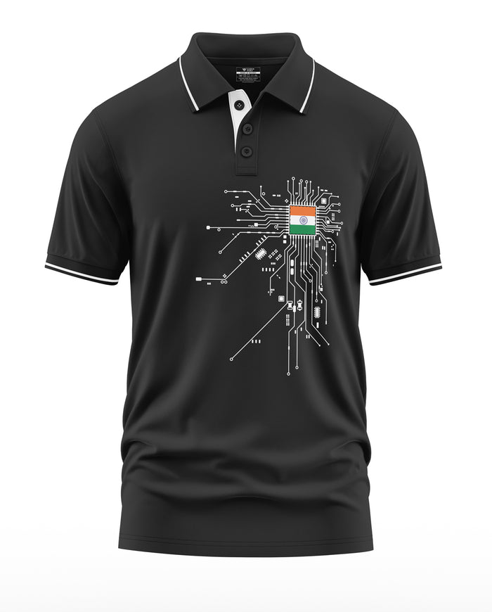 Black polo t-shirt with white circuit design and Indian flag on the chest, men's fashion