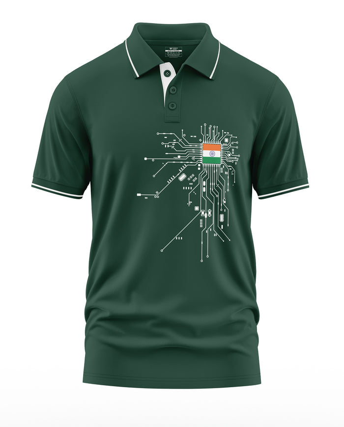 Green men's polo t-shirt with India flag and white circuit design on chest