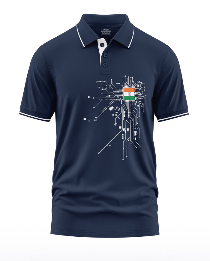 Navy blue men's polo t-shirt with Indian flag and white circuit board graphic on chest