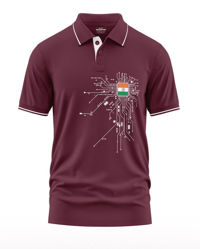 Maroon men's polo t-shirt with white circuit graphic and Indian flag design on front