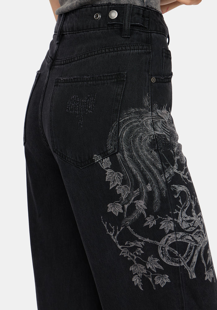 Cleo Phoenix Print Wide Leg Denim Jeans