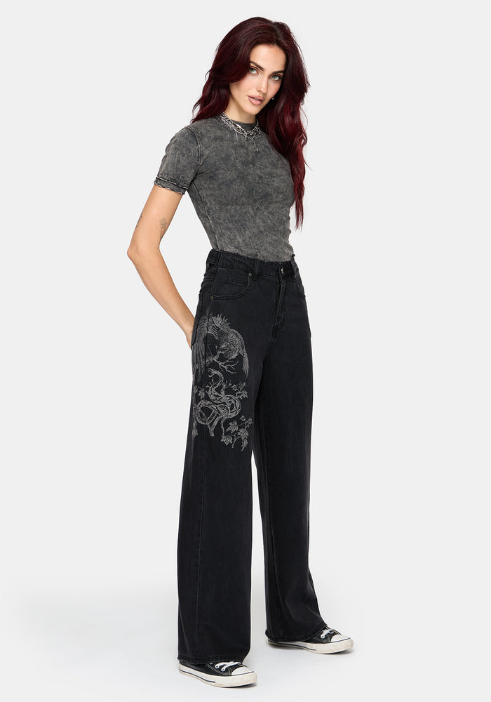 Cleo Phoenix Print Wide Leg Denim Jeans