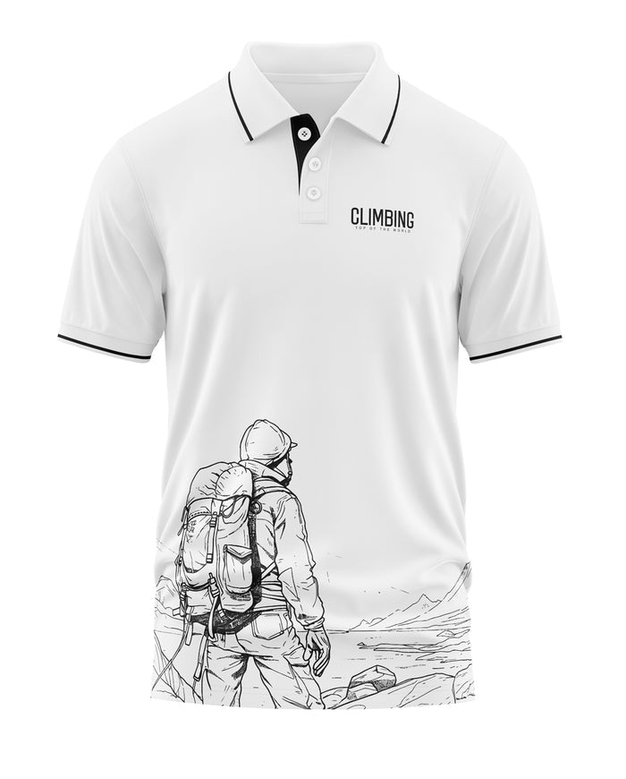 White men's polo t-shirt with CLIMBING text and mountain explorer graphic on front