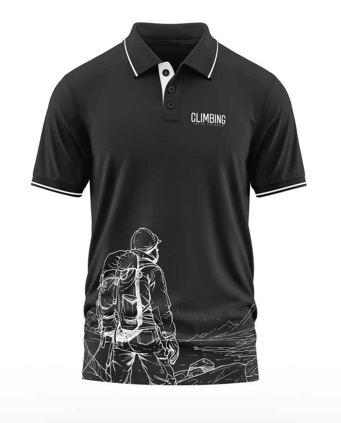 Black men's polo t-shirt featuring 'Climbing Top of the World' text and mountain hiker graphic.