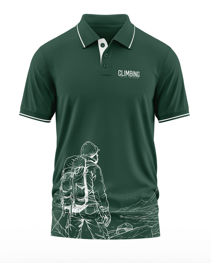 Green men's polo t-shirt with 'Climbing' text and mountain climber graphic print